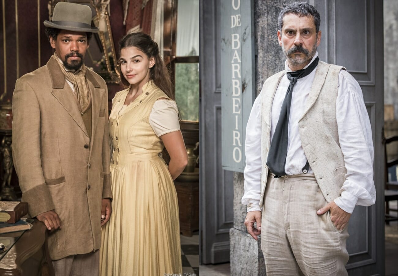 Samuel (Michel Gomes), Pilar (Gabriela Medvedovski) e Tonico (Alexandre Nero) de Nos Tempos do Imperador