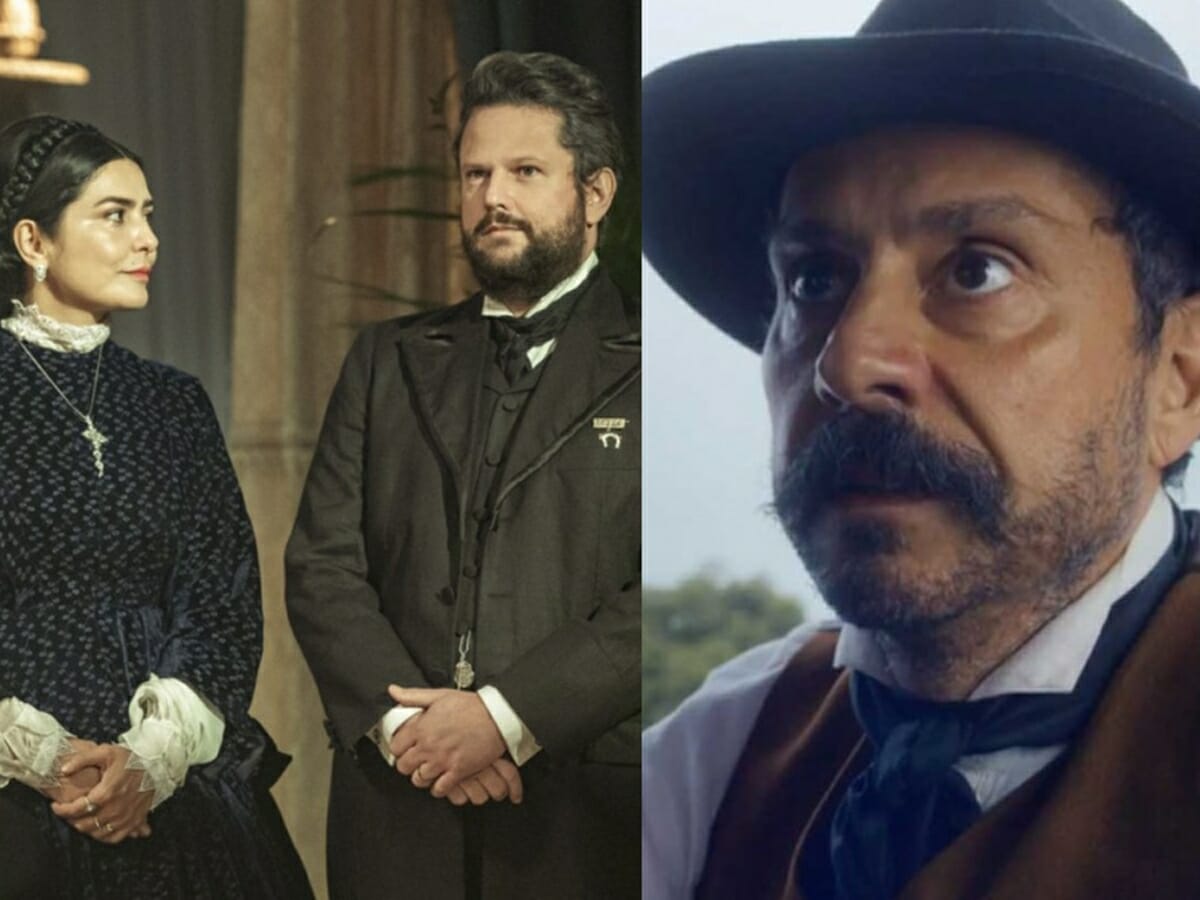 Teresa (Letícia Sabatella), Pedro (Selton Mello) e Tonico (Alexandre Nero) de Nos Tempos do Imperador
