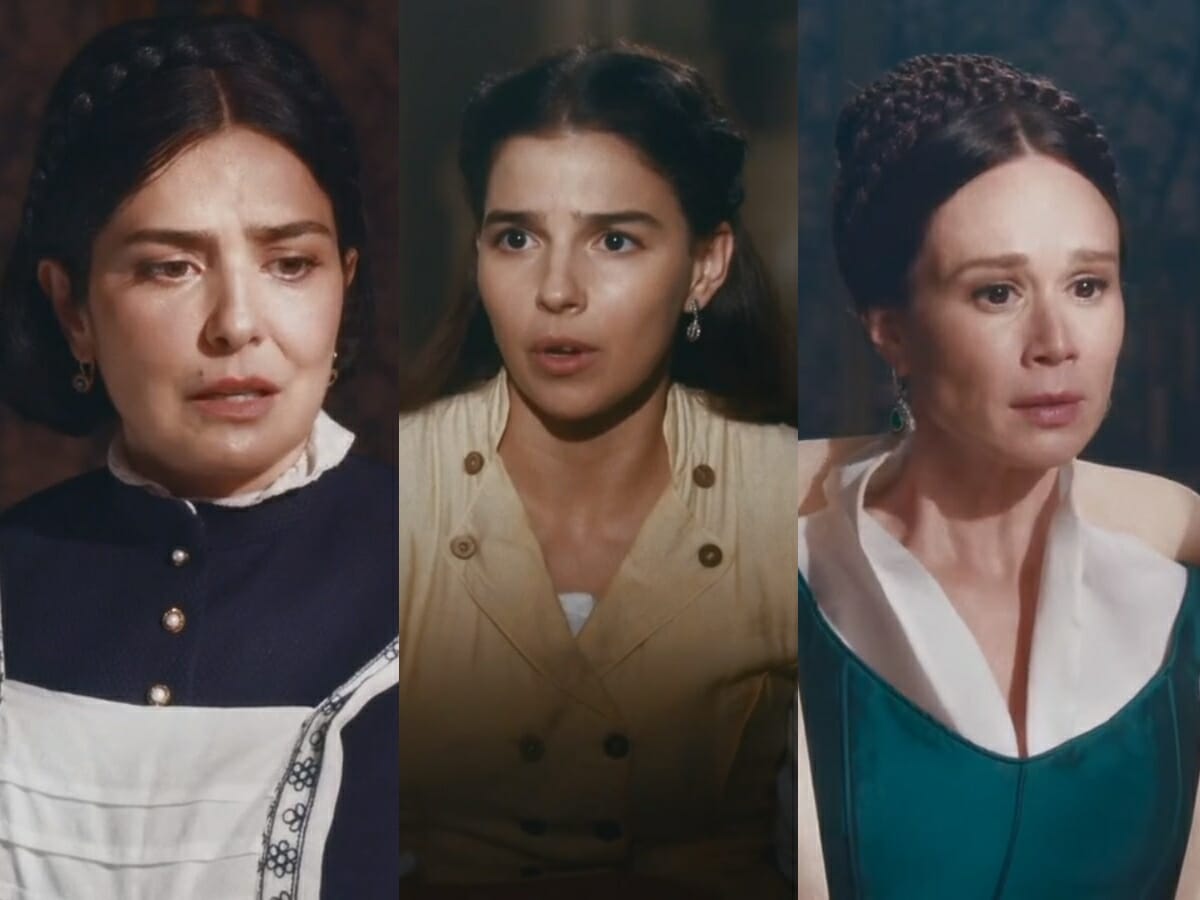 Teresa (Letícia Sabatella), Pilar (Gabriela Medvedovski) e Luísa (Mariana Ximenes) de Nos Tempos do Imperador