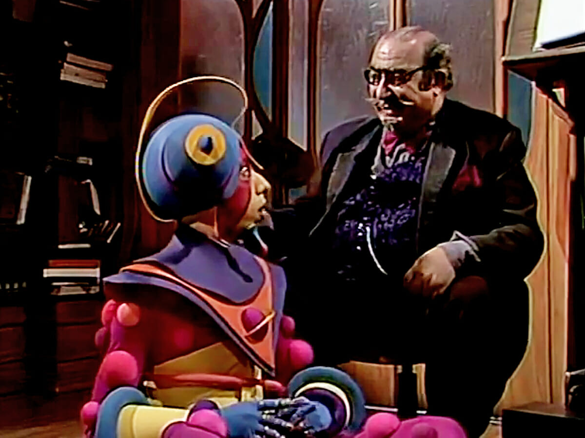Etevaldo (Wagner Bello) e Dr. Victor (Sérgio Mamberti) em Castelo Rá-Tim-Bum