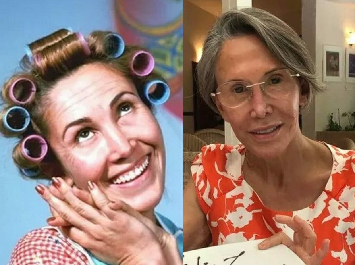 Florinda Meza como Dona Florinda (à esquerda), em Chaves, e atualmente (à direita) (Reprodução/Televisa/Instagram)