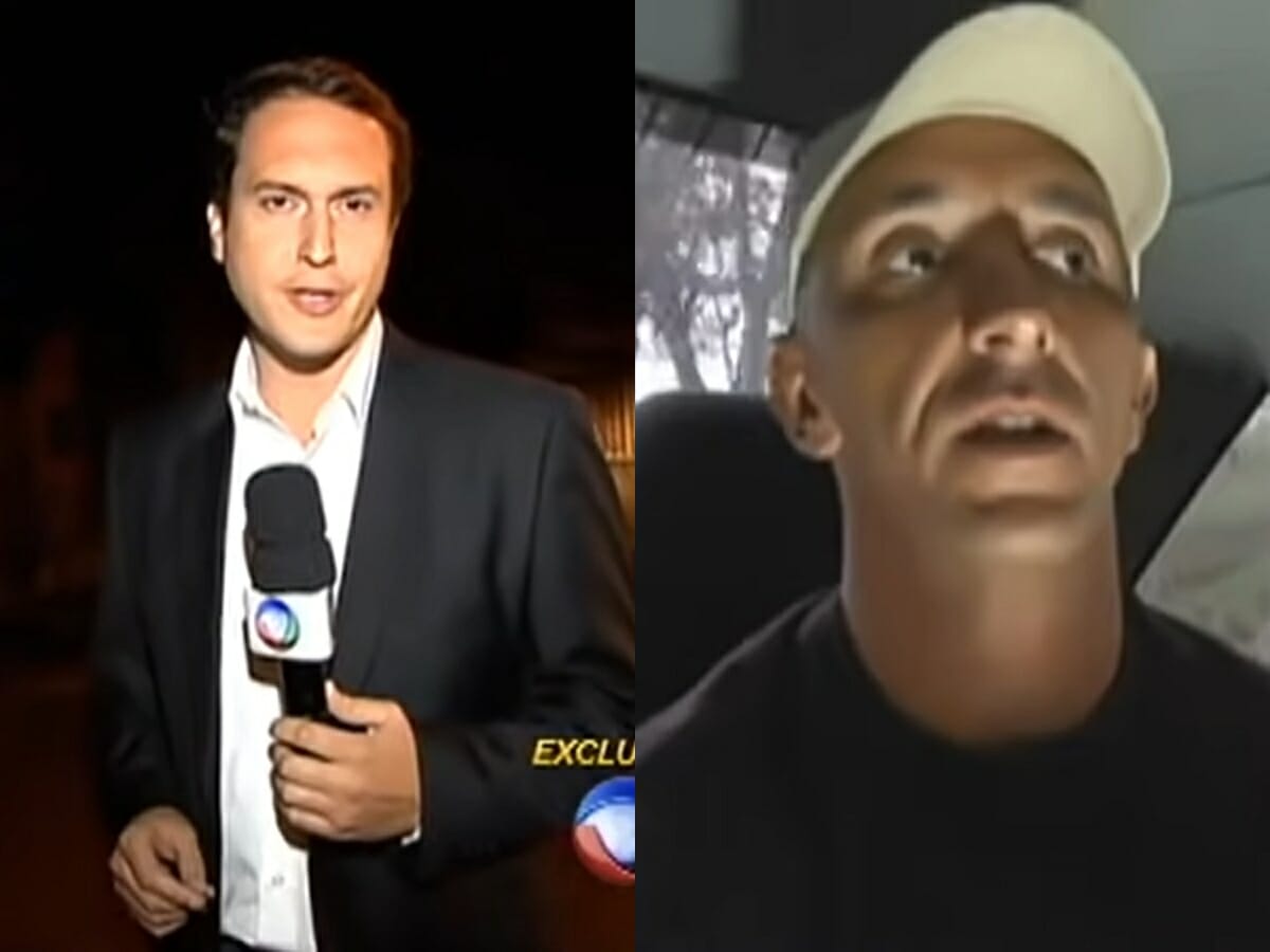 Eduardo Ribeiro em reportagem sobre a primeira saída de Cristian Cravinhos da prisão após o assassinato de Manfred e Marísia von Richthofen (Reprodução/Record TV)