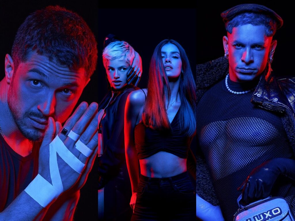 Cristiano (Romulo Estrela), Giovanna (Agatha Moreira), Angel (Agatha Queiroz) e Visky (Rainer Cadete) de Verdades Secretas 2