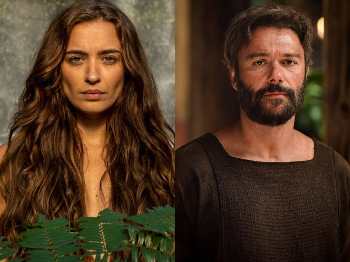 Juliana Boller (Eva) e Ângelo Paes Leme (Terá) em Gênesis, da Record TV (Reprodução: Record TV)