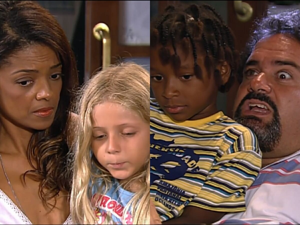 Marília (Maria Ceiça), Nininha (Júlia Maggessi), Zezinho (Diego Francisco) e Padilha (André Mattos) de Prova de Amor