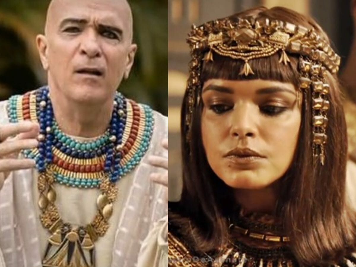 Shetep (Camilo Bevilaqua) e Kamesha (Kizi Vaz) em Gênesis (Reprodução Record TV)