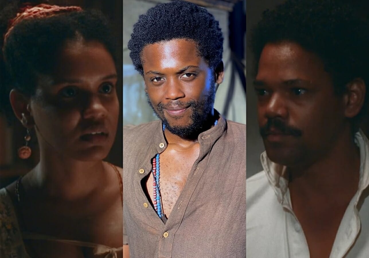 Zayla (Heslaine Vieira), Guebo (Maicon Rodrigues) e Samuel (Michel Gomes) de Nos Tempos do Imperador