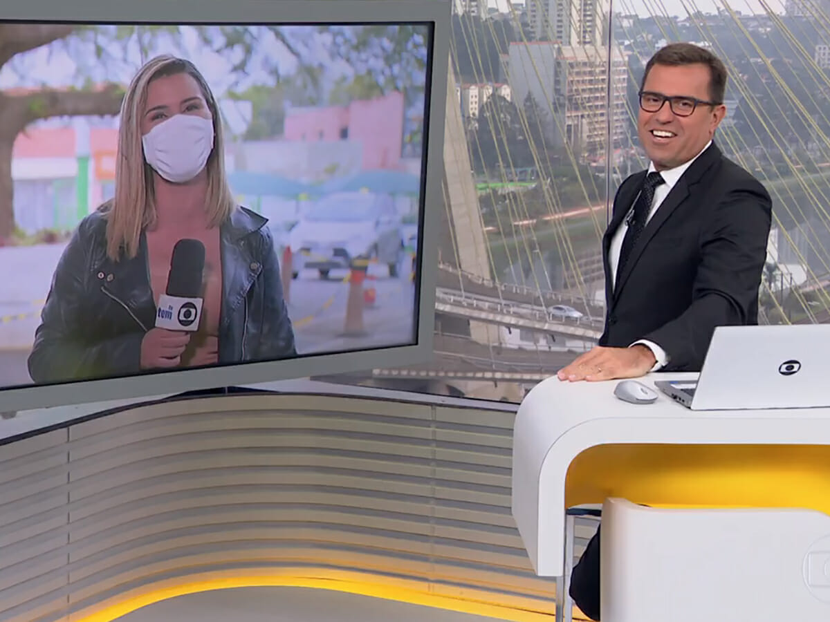 A repórter Aline Galdino e o apresentador Rodrigo Bocardi no Bom Dia SP