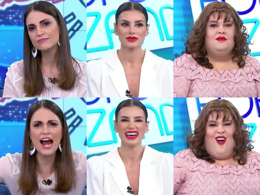 Elenco do Fofocalizando ouvindo sobre futebol (acima) e sobre fofoca (abaixo)