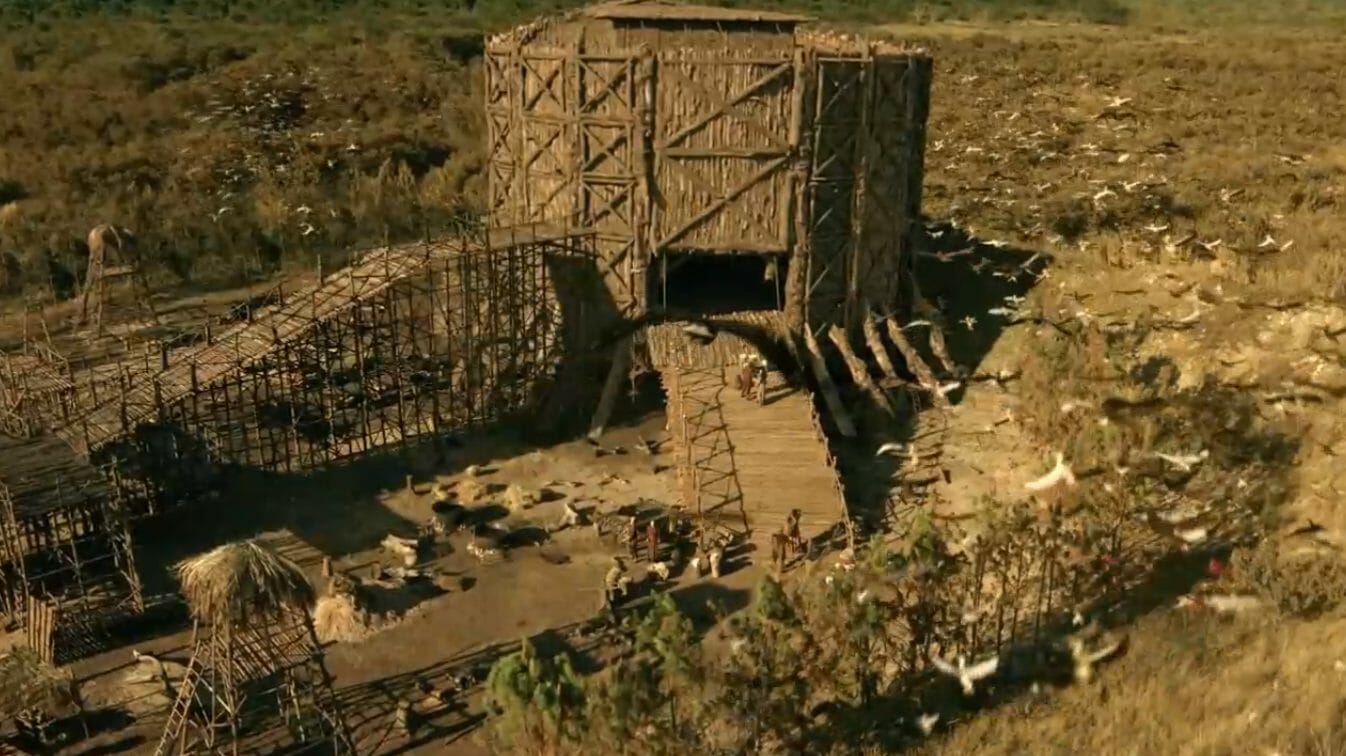 Arca de Noé e pássaros chegando em A Bíblia (Reprodução)