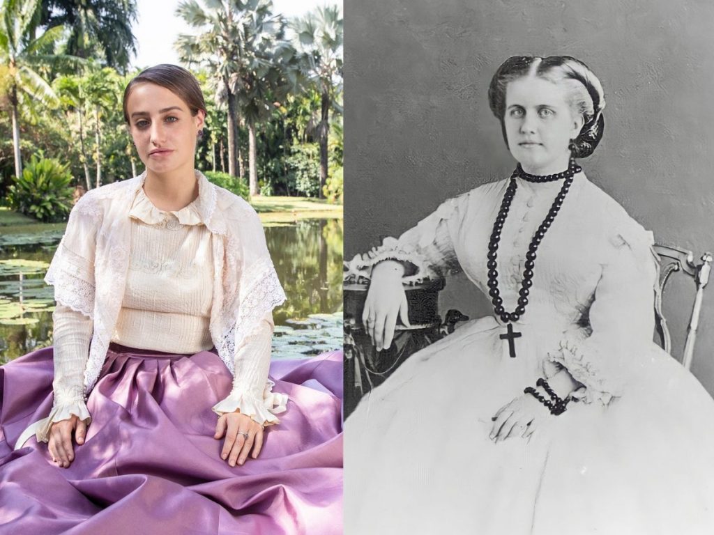 Bruna Griphao como Leopoldina de Bragança e, ao lado, foto real da princesa (Divulgação Globo e Reprodução)