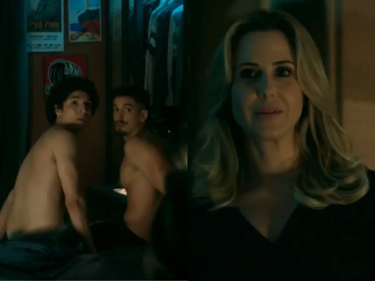 Pia (Guilhermina Guinle) vê Bruno (João Vitor Silva) com Sam (Felipe de Carolis) em Verdades Secretas (Reprodução/Globo)