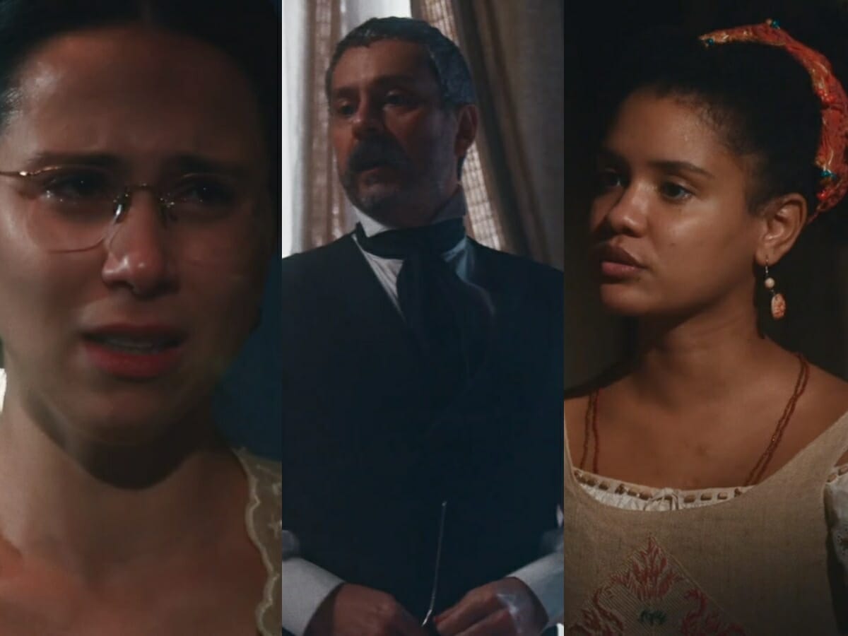 Dolores (Daphne Bozaski), Tonico (Alexandre Nero) e Zayla (Heslaine Vieira) de Nos Tempos do Imperador