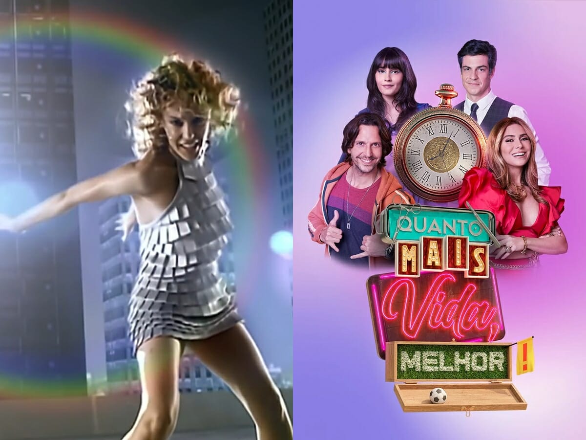 Kylie Minogue e o elenco de Quanto Mais Vida, Melhor! (Reprodução: YouTube/Globo)