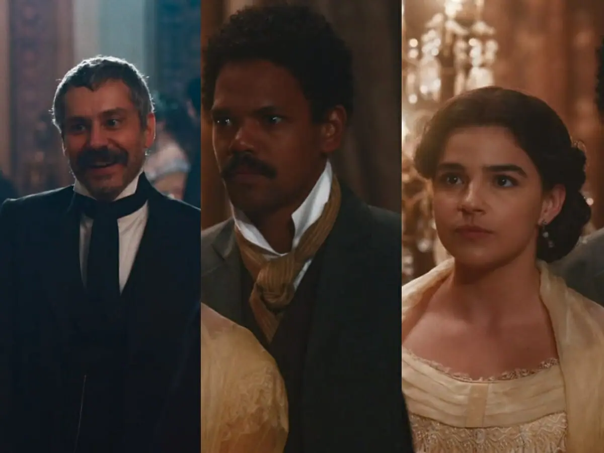 Tonico (Alexandre Nero), Samuel (Michel Gomes) e Pilar (Gabriela Medvedovski) de Nos Tempos do Imperador