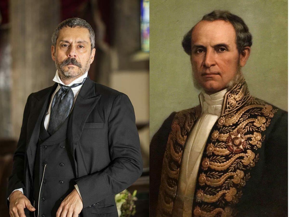 Tonico Rocha (Alexandre Nero) em Nos Tempos do Imperador, ao lado, o Barão de Cotegipe (Divulgação Globo)