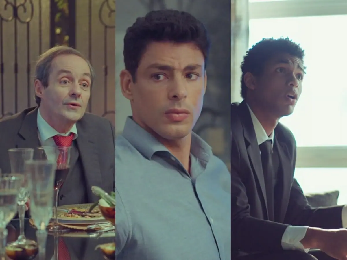 Túlio (Daniel Dantas), Christian (Cauã Reymond) e Ravi (Juan Paiva) de Um Lugar ao Sol