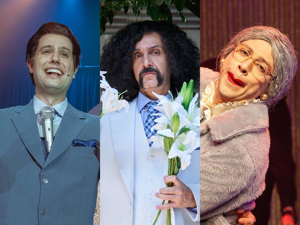 Velson D'Souza (Silvio Santos), Ivan Parente (Pedro de Lara) e Adriano Tunes (Velha Surda), atores do musical Silvio Santos Vem Aí