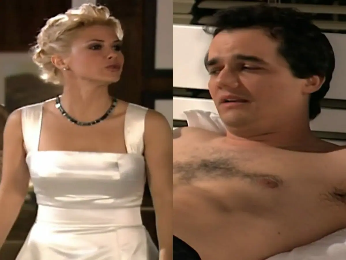 Alice (Guilhermina Guinle) e Olavo (Wagner Moura) em Paraíso Tropical (Reprodução)