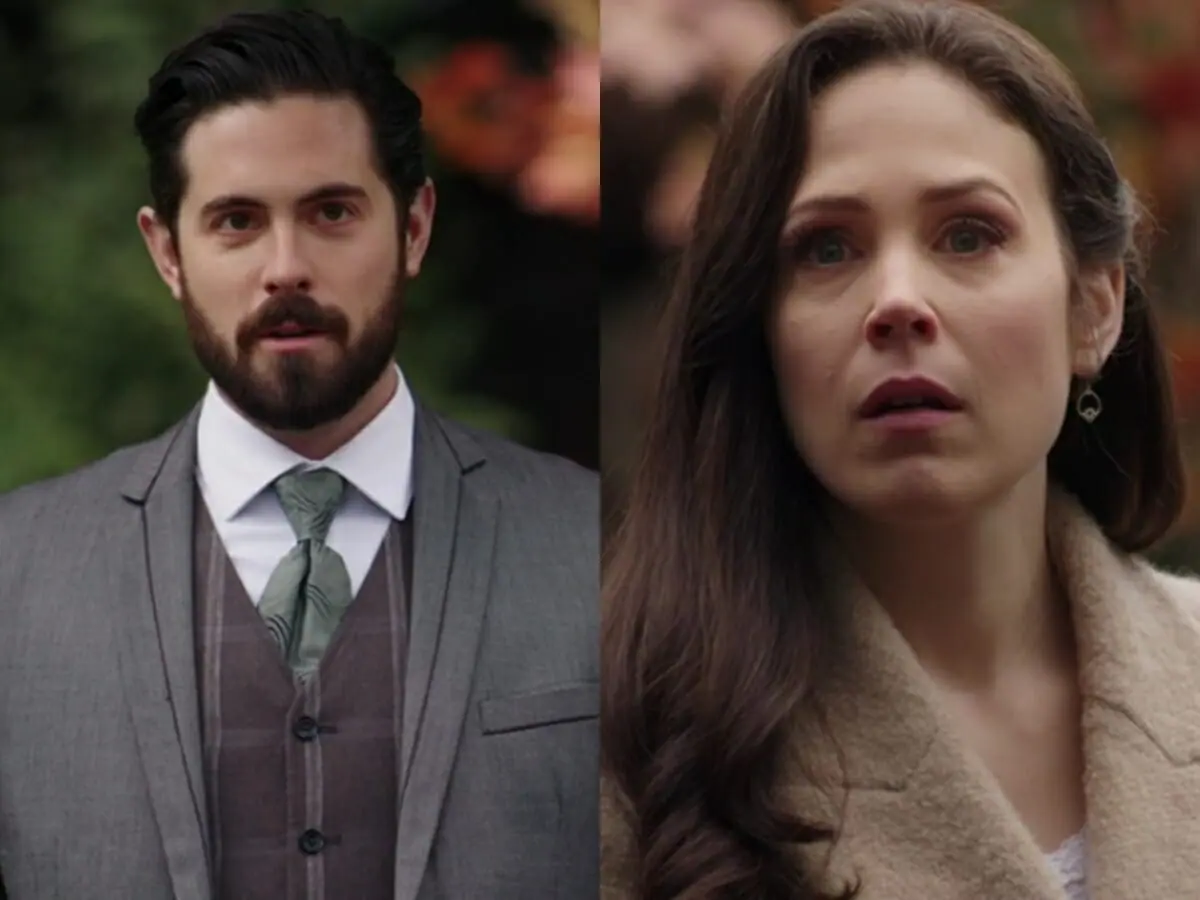 Elizabeth (Erin Krakow) e Lucas (Chris McNally) trocam um beijo no último episódio de Quando Chama o Coração, 8ª temporada (Reprodução: Hallmark Channel)