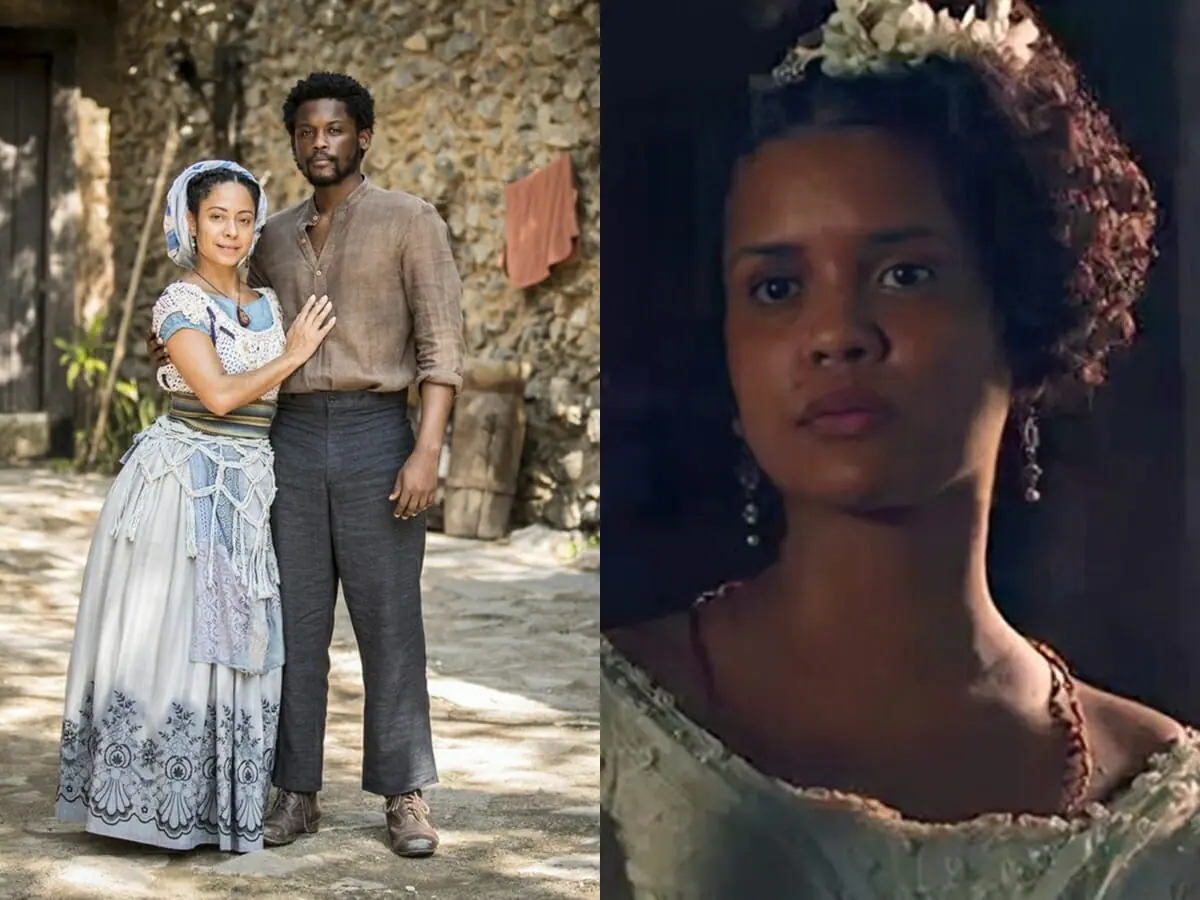 Guebo (Maicon Rodrigues), Justina (Cinnara Leal) e Zayla (Heslaine Vieira) de Nos Tempos do Imperador