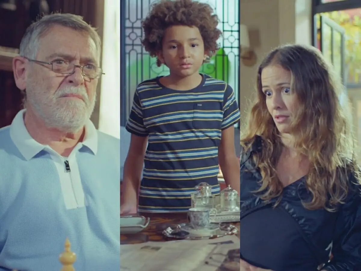 Santiago (José de Abreu), Luan (Miguel Schmidt) e Érica (Fernanda de Freitas) de Um Lugar ao Sol