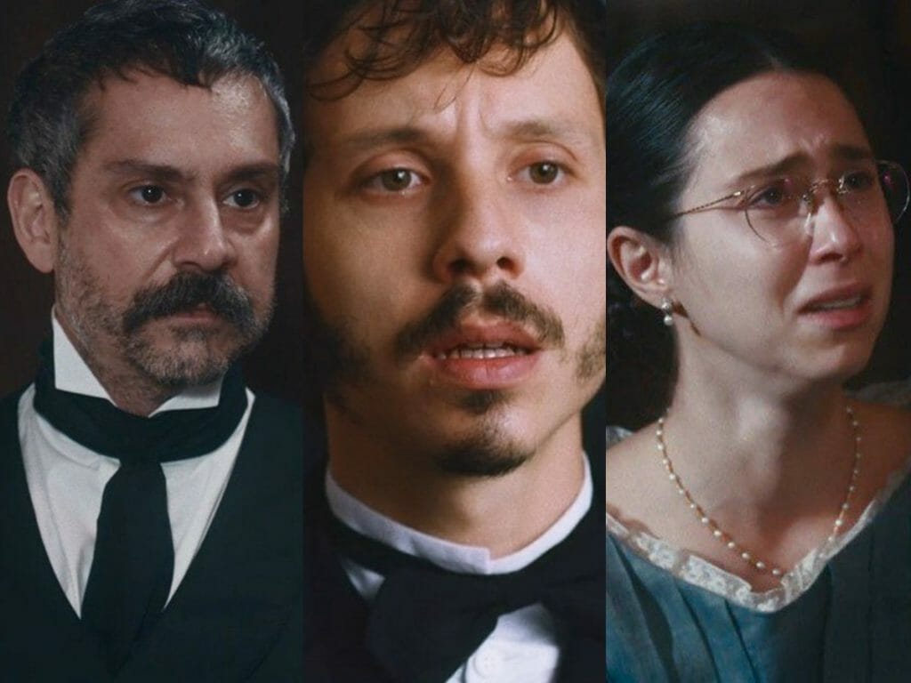 Tonico (Alexandre Nero), N&eacute;lio (Jo&atilde;o Pedro Zappa) e Dolores (Daphne Bozaski) de Nos Tempos do Imperador
