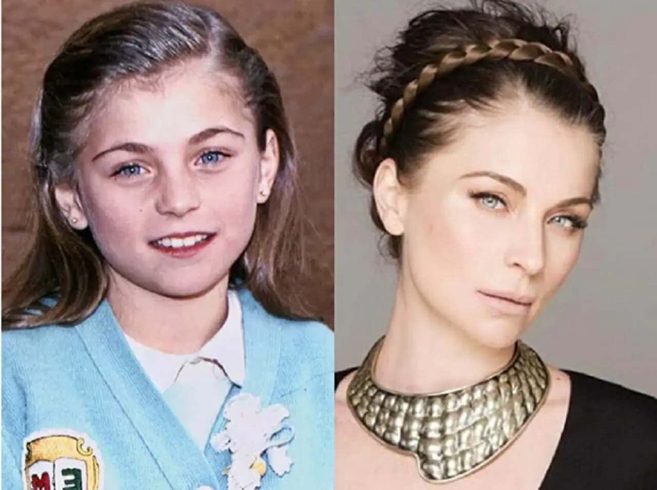 Ludwika Paleta como Maria Joaquina em Carrossel (à esquerda) e atualmente (à direita) (Divulgação/Televisa/Reprodução/Instagram)
