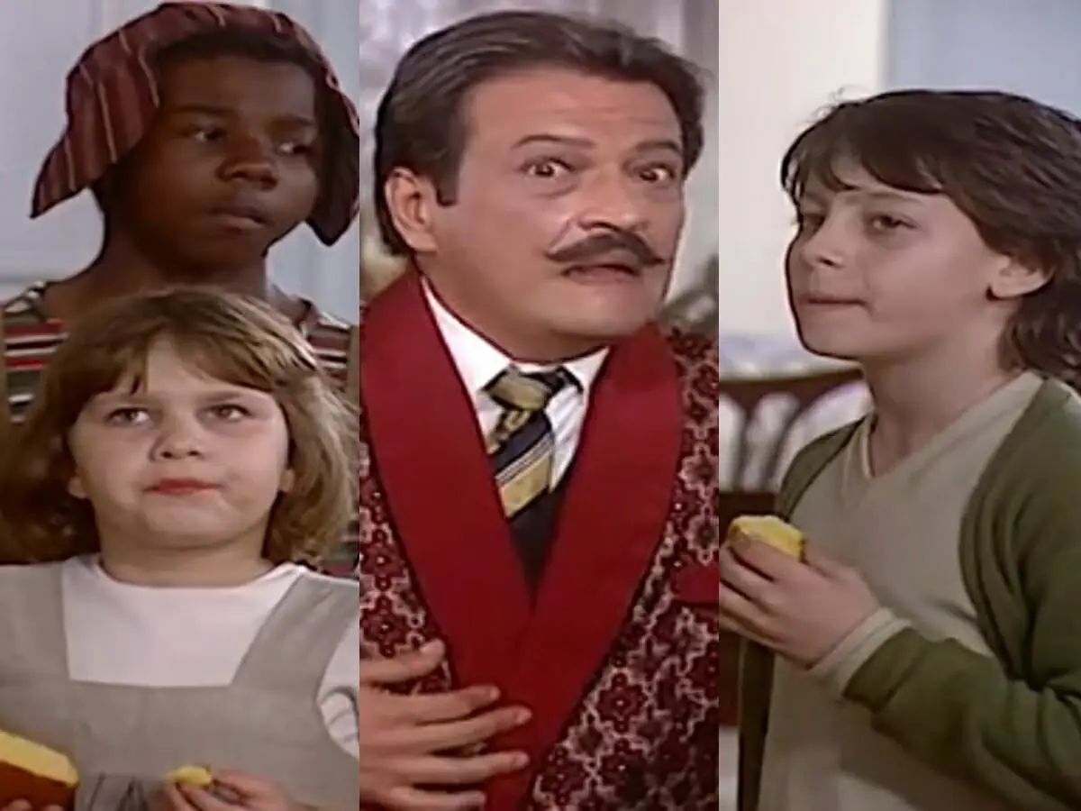 Batista (Luís Melo), Fátima (Thaís Müller) e Jorge (João Capelli) de O Cravo e a Rosa