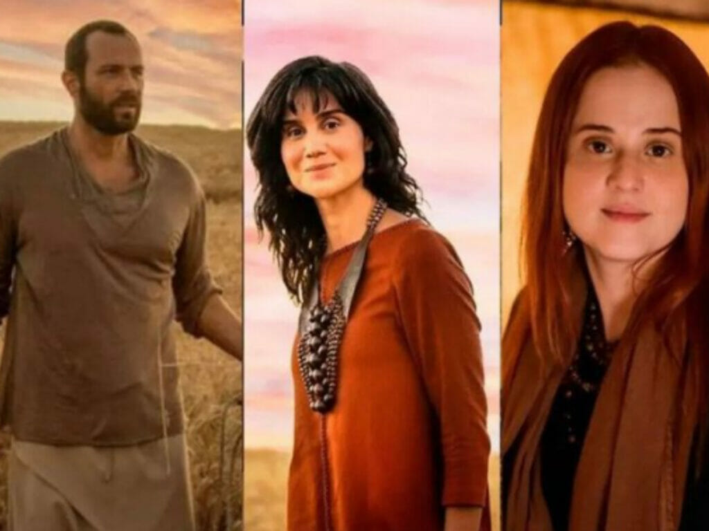 Elcana (Fernando Pavão), Ana (Branca Messina) e Penina (Júlia Guerra) em Reis (Reprodução/Instagram)