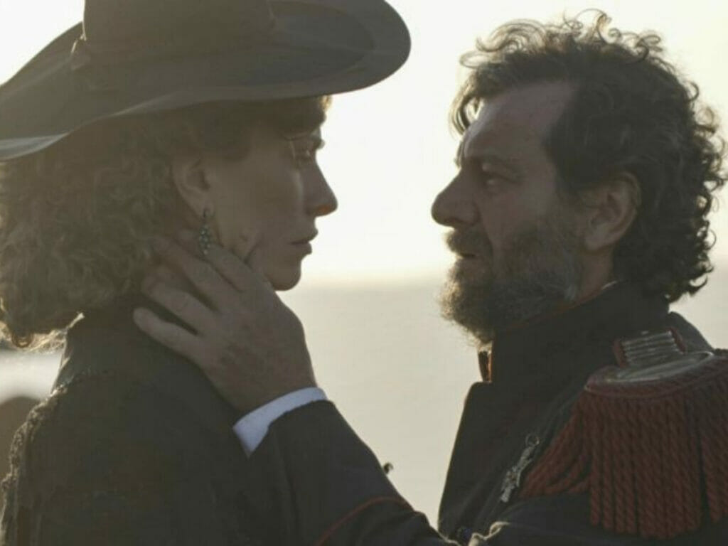 Elisa Lynch (Lana Rhodes) e Solano López (Roberto Birindelli) em Nos Tempos do Imperador (Divulgação)