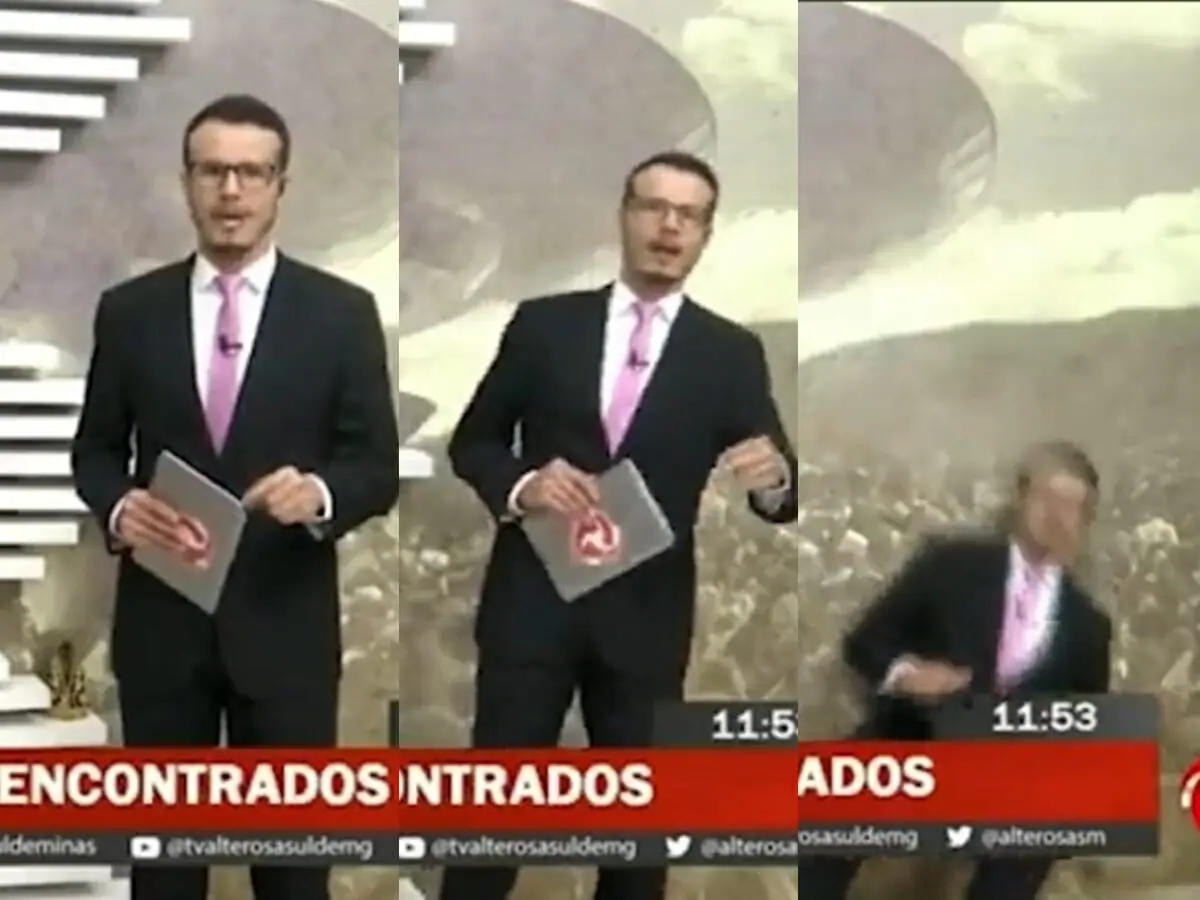 Jornalista Rafael Silva, da TV Alterosa, passa mal e cai ao vivo durante telejornal (Reprodução: TV Alterosa)