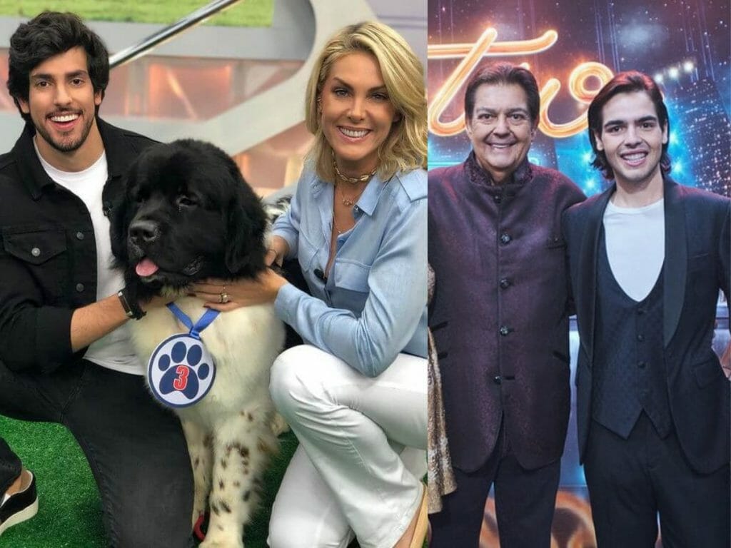 Julinho Casares com Ana Hickmann na Record TV e, ao lado, Faustão com o filho João Guilherme (Reprodução)