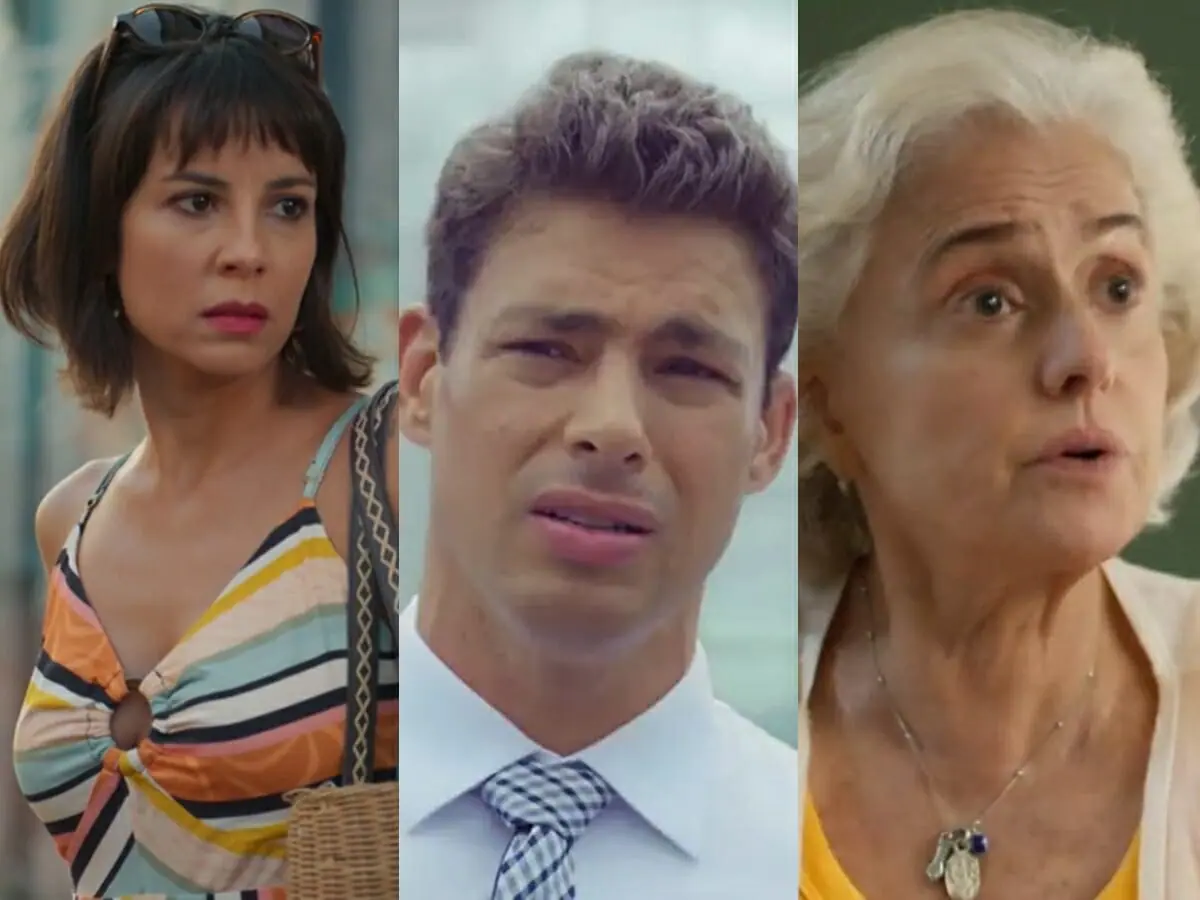 Lara (Andréia Horta), Christian (Cauã Reymond) e Noca (Marieta Severo) de Um Lugar ao Sol