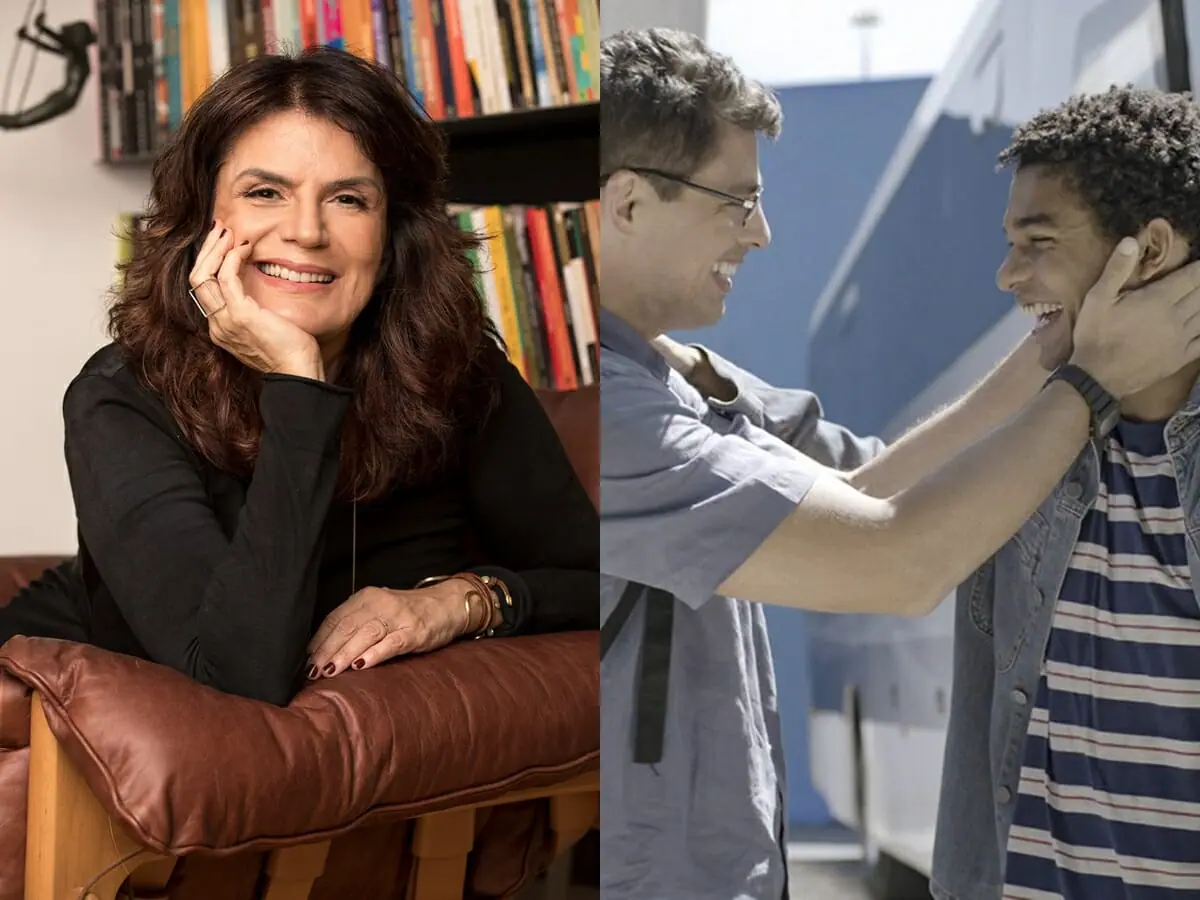 Lícia Manzo, autora de Um Lugar ao Sol, Christian (Cauã Reymond) e Ravi (Juan Paiva)