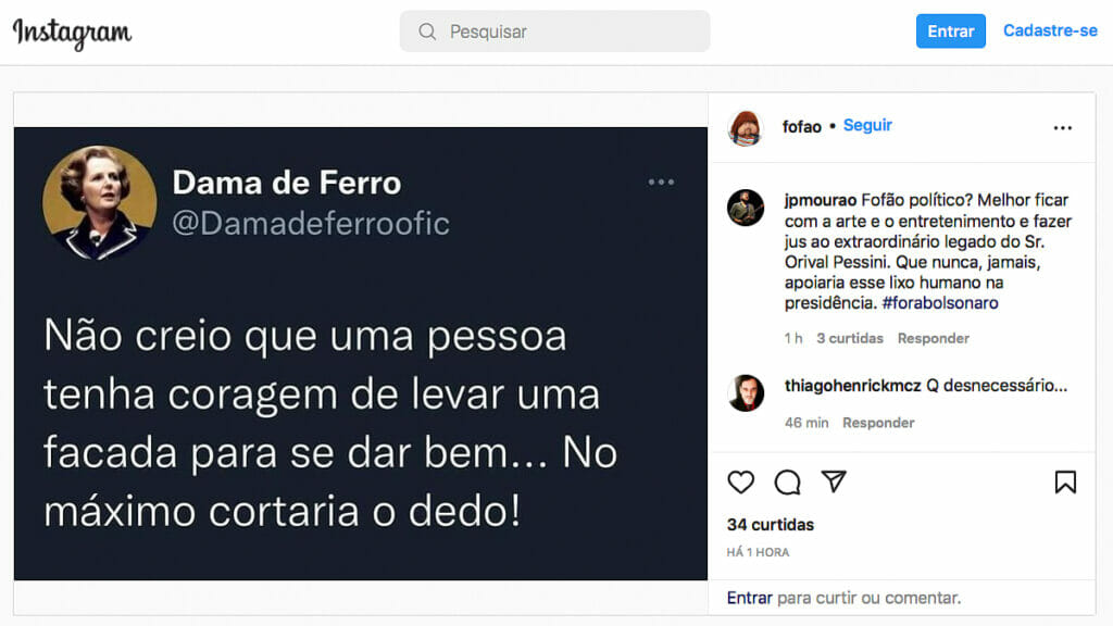Instagram de Fofão compartilha postagem de teor político