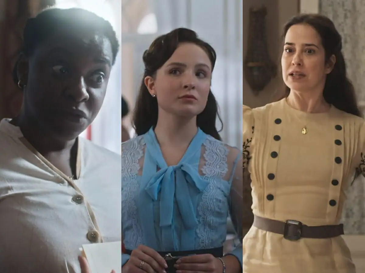 Augusta (Olivia Araujo), Elisa (Larissa Manoela) e Heloísa (Paloma Duarte) de Além da Ilusão