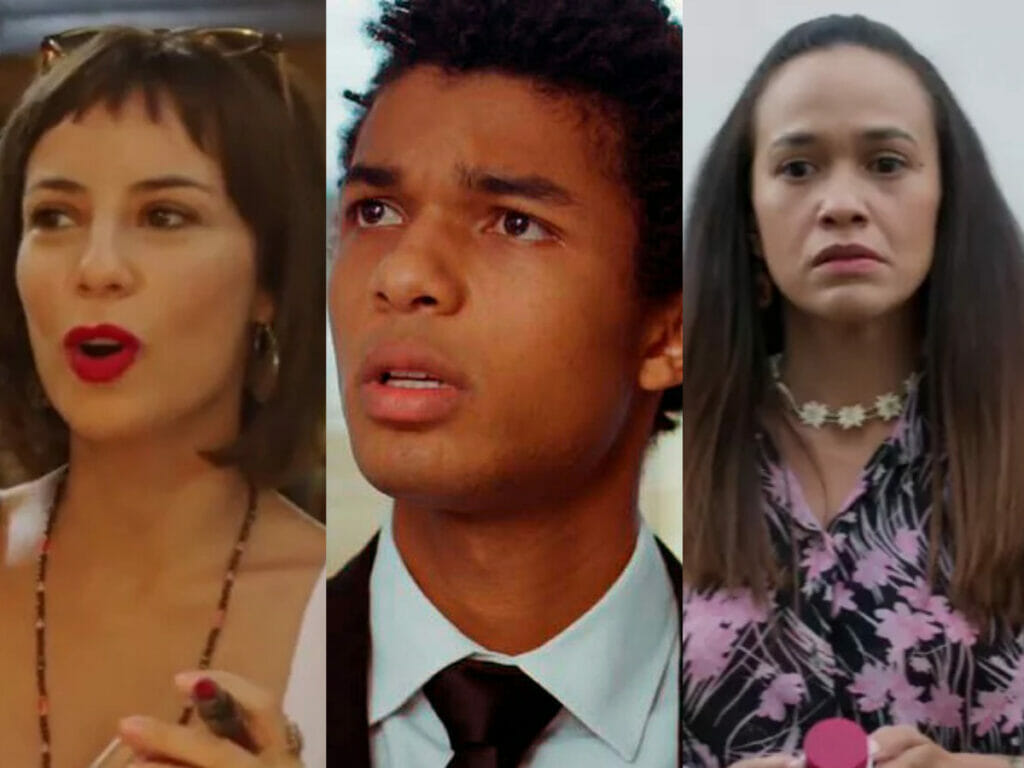 Lara (Andreia Horta), Ravi (Juan Paiva) e Thaiane (Georgina Castro) em Um Lugar ao Sol (Reprodução/Globo)