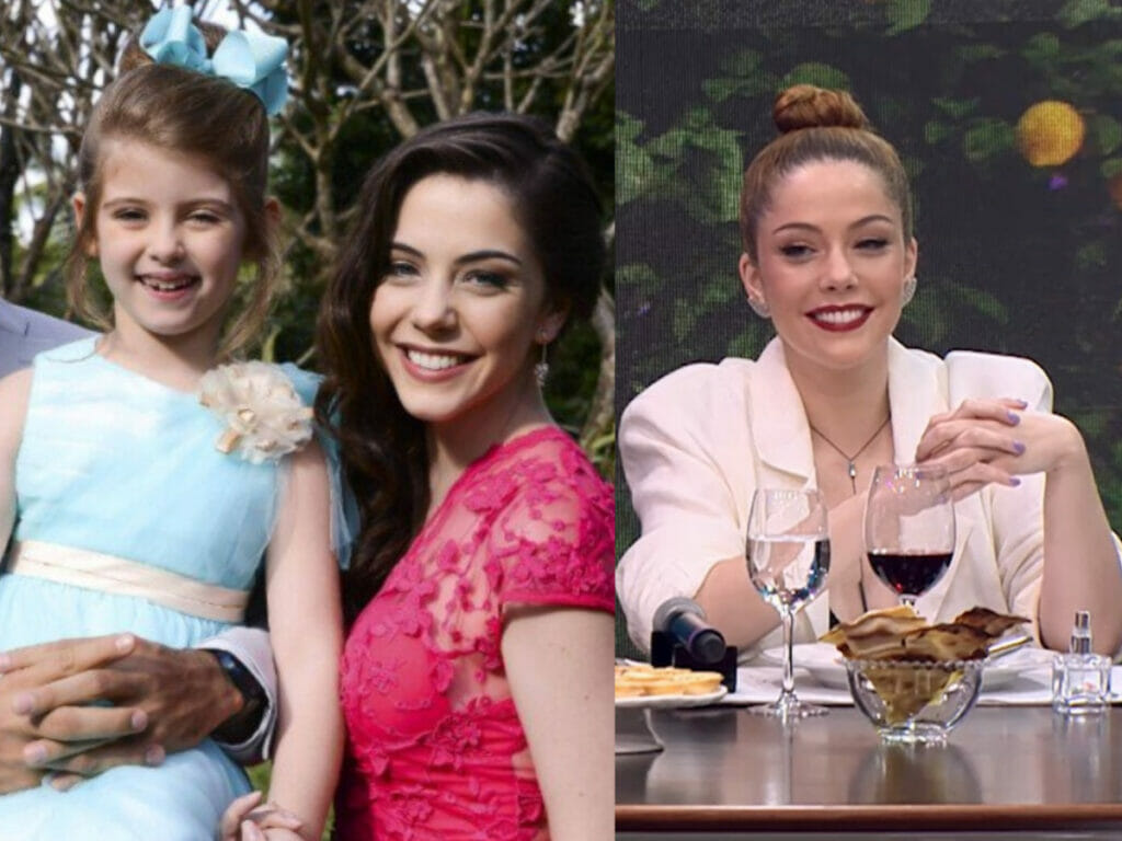 Dulce Maria e Cecília de Carinha de Anjo; ao lado, a atriz Bia Arantes no Faustão na Band (Reprodução)