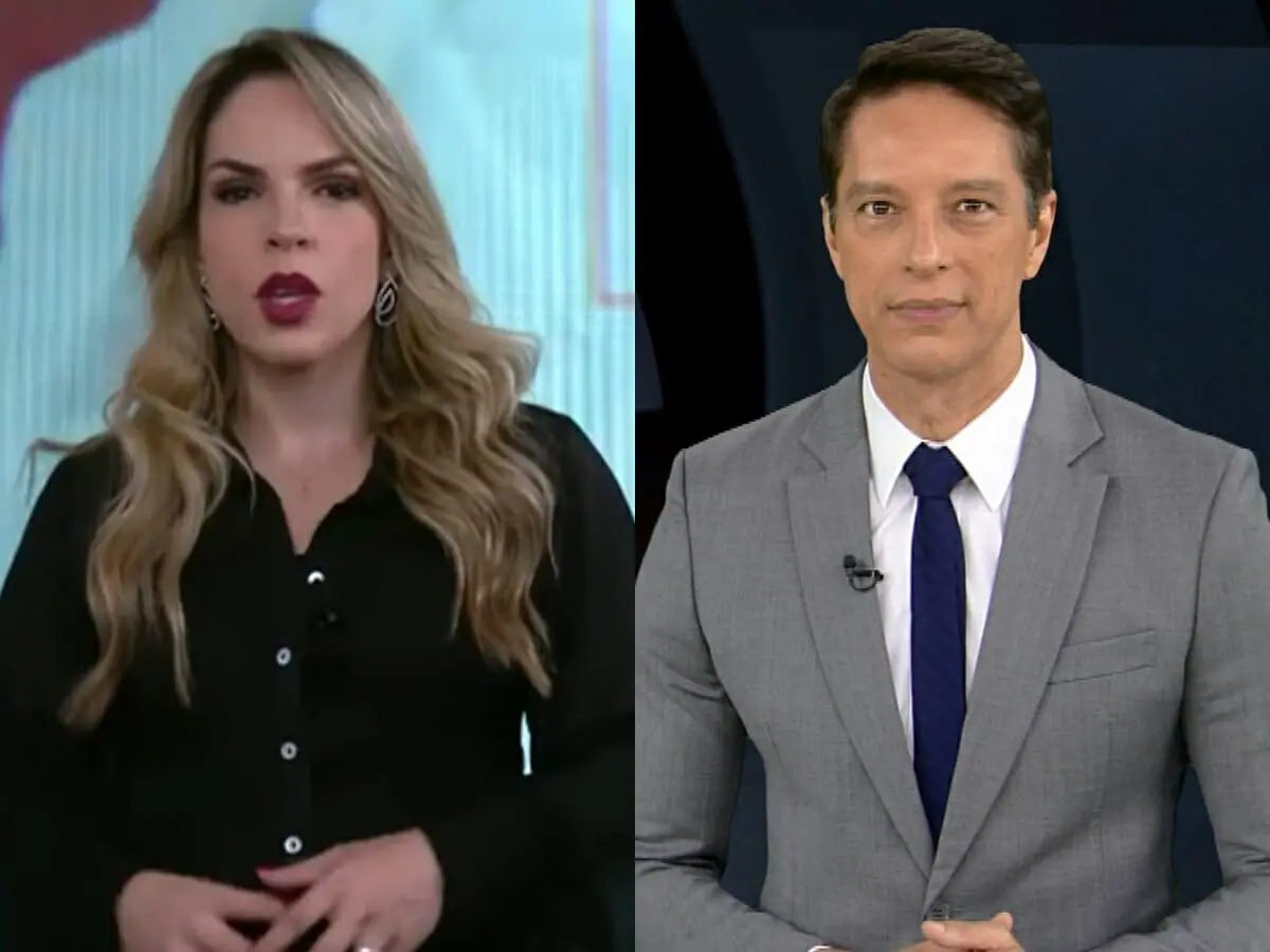 Elisângela Carreira na apresentação do Documento JP News e Sérgio Aguiar na apresentação do Câmera Record (Reprodução: Jovem Pan News/Record TV)