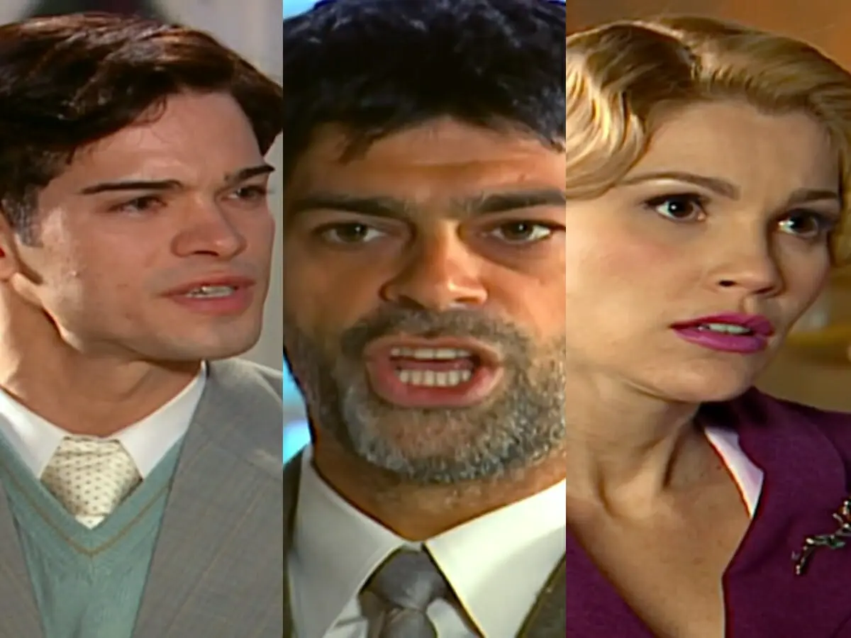 Felipe (Sidney Sampaio), Rafael (Eduardo Moscovis) e Cristina (Flávia Alessandra) de Alma Gêmea