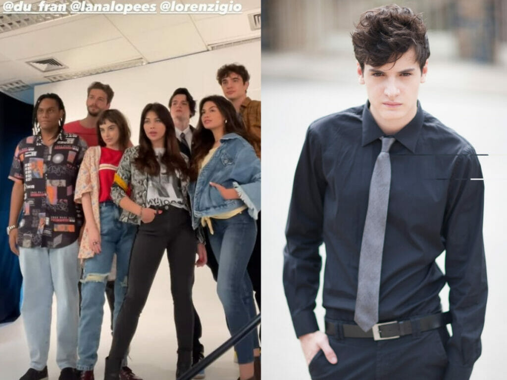 Giovanni de Lorenzi com o elenco de Poliana Moça e, ao lado, ele sozinho (Reprodução)
