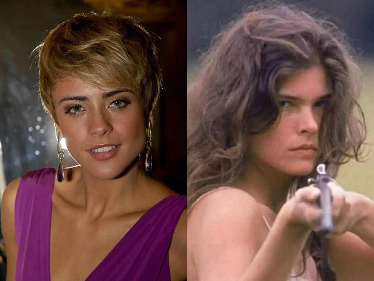 Juliana Silveira como Carolina em Chamas da Vida e Cristiana Oliveira como Juma Marruá em Pantanal (Reprodução: Record TV/TV Manchete)