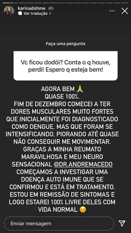 Karina Dohme responde sobre doença no Instagram