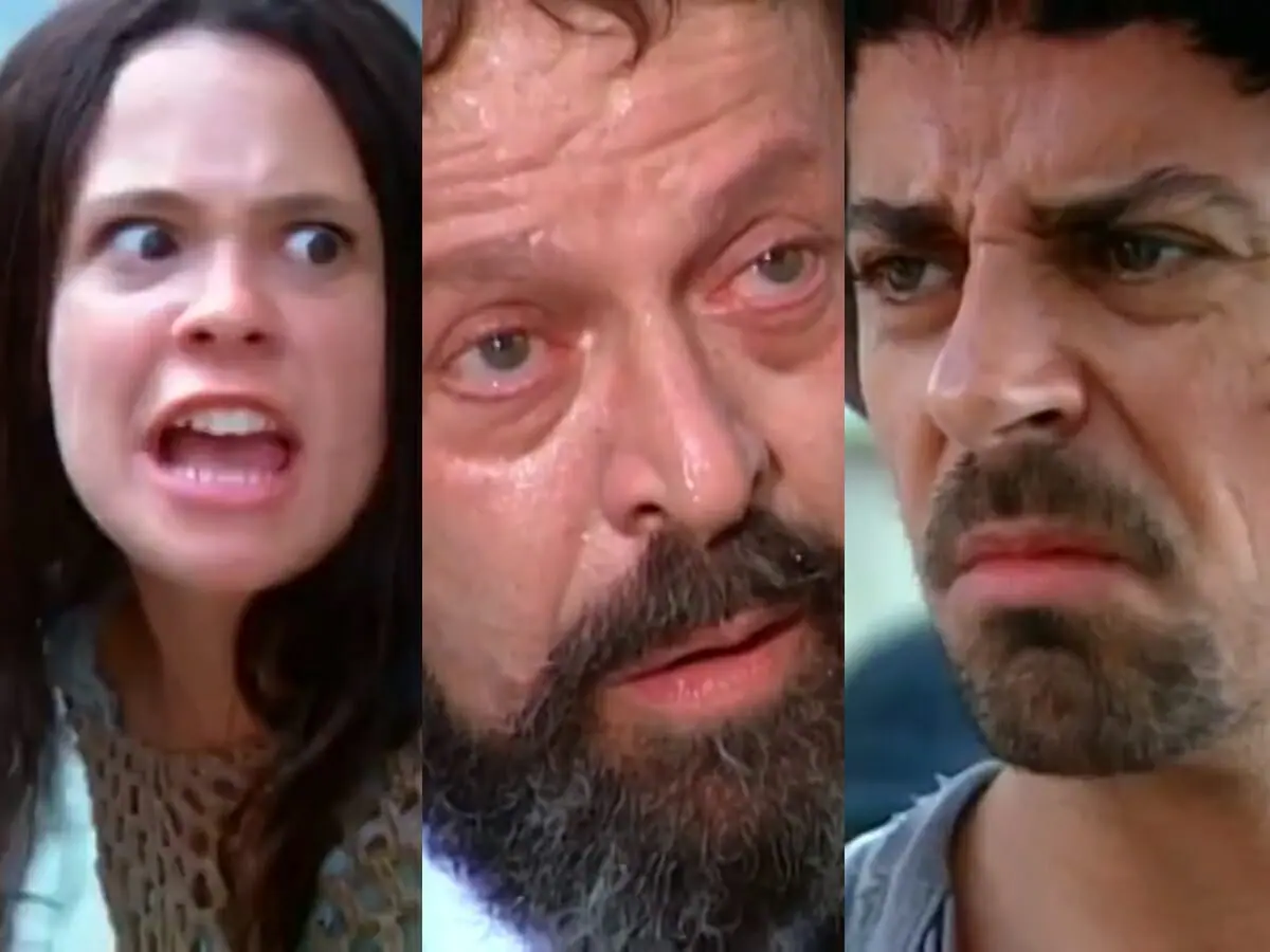 Lindinha (Vanessa Gerbelli), Joaquim (Carlos Vereza) e Januário (Taumaturgo Ferreira) de O Cravo e a Rosa