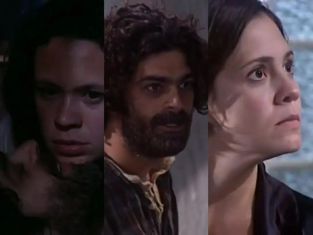 Lindinha (Vanessa Gerbelli), Petruchio (Eduardo Moscovis) e Catarina (Adriana Esteves) de O Cravo e a Rosa
