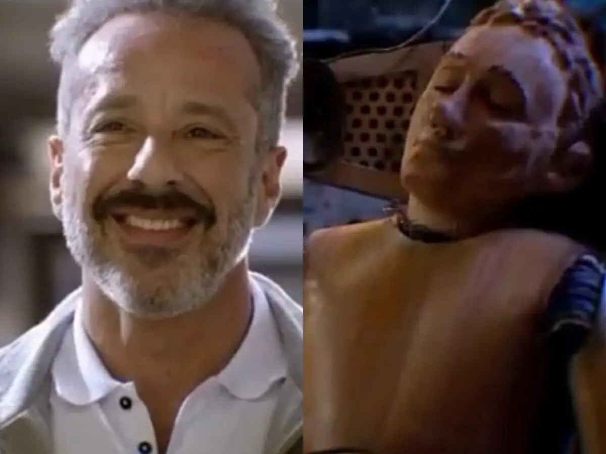 Roger (Otávio Martins) rouba Pinóquio (João Pedro Delfino) na mansão de Otto (Dalton Vigh) em Poliana Moça (Reprodução: SBT)