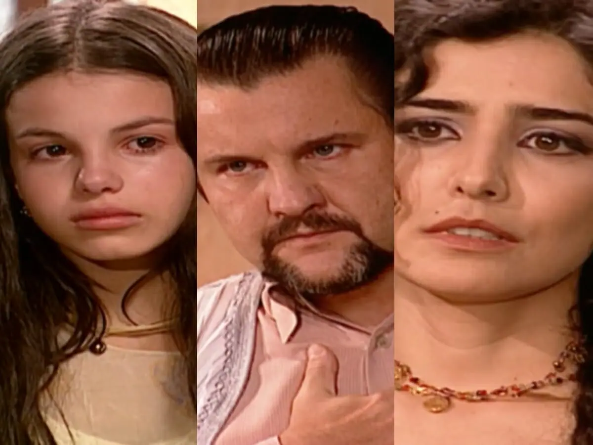 Samira (Sthefany Brito), Mohamed (Antonio Calloni) e Latifa (Letícia Sabatella) de O Clone
