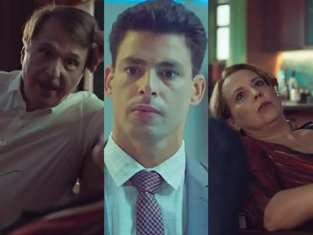 Teodoro (Fernando Eiras), Christian (Cauã Reymond) e Elenice (Ana Beatriz Nogueira) de Um Lugar ao Sol