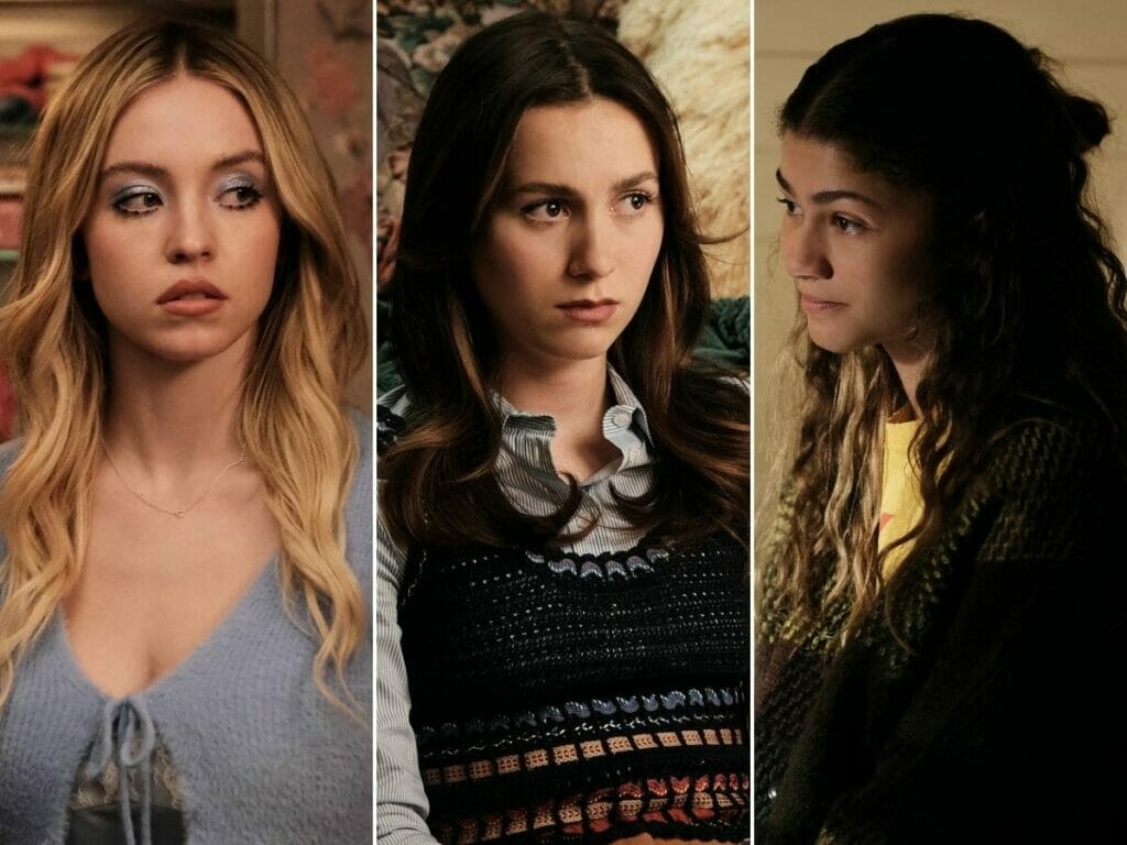 Sydney Sweeney (à esq.), Maude Apatow e Zendaya na 2ª temporada de Euphoria